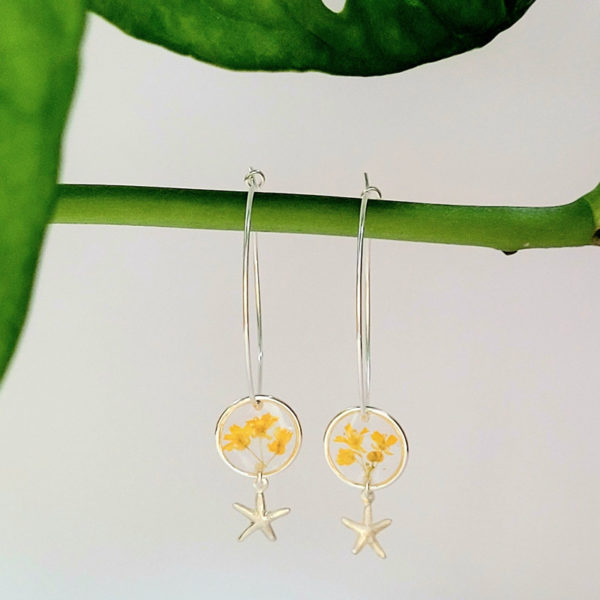 Boucles d'oreilles créoles argent 925 fleur ammi majus jaune et étoile