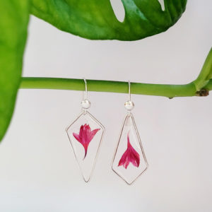 Boucles d'oreilles pendantes argent 925 hexogone geométrique fleur de bleuet rose résine