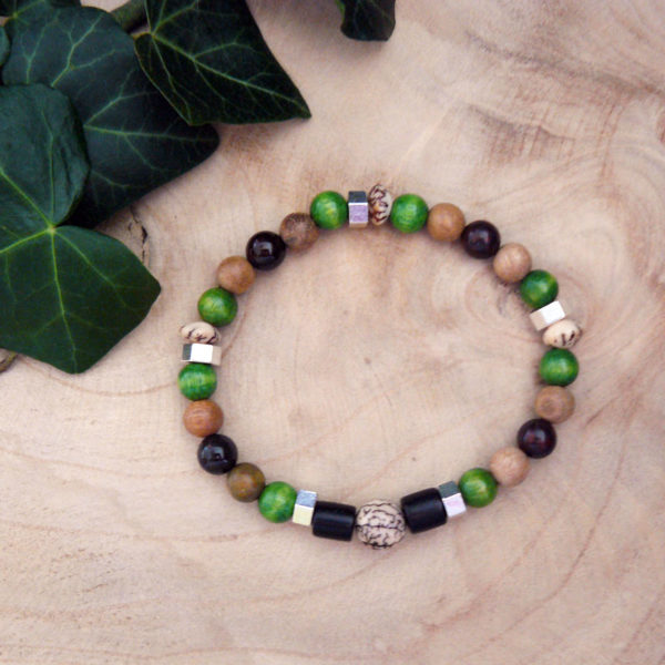 Bracelet avec perles en bois, graines veitchia et bois vert