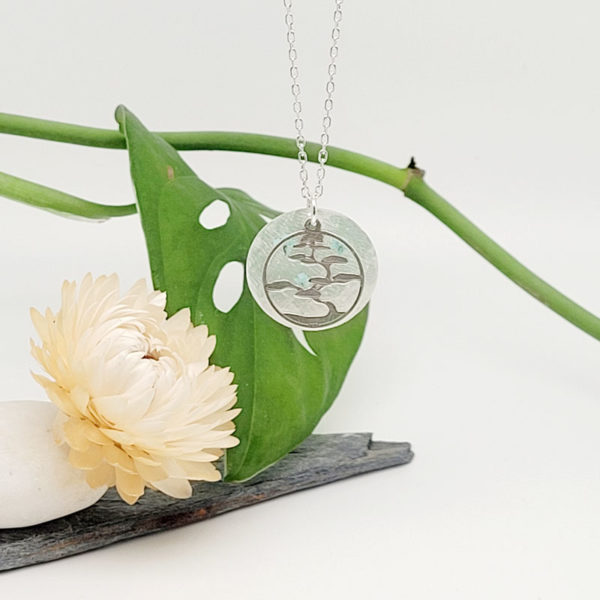 Collier argent 925 origami japon sequin nacre fleur séchée arbre ammi majus turquoise