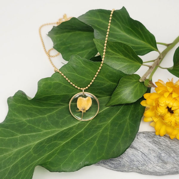 Collier plaqué or fleur sechée bouton rose de damas jaune sur feuille résine